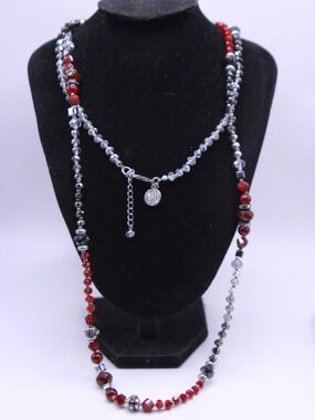 White House Black Market Red Clear Crystal and Silver Beaded Necklace